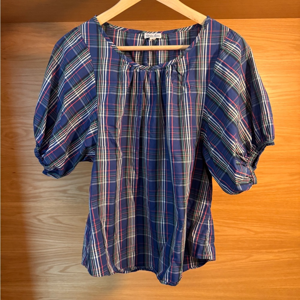 Steven Alan Blue Plaid Short Sleeve Blouse